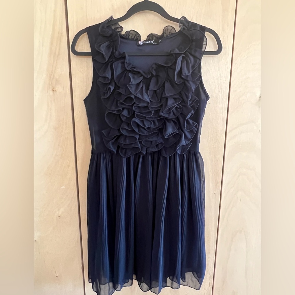 Navy Ruffled Sleeveless Dress